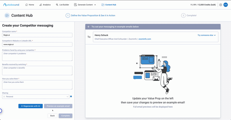 Competitor specific value proposition creation in Autobound